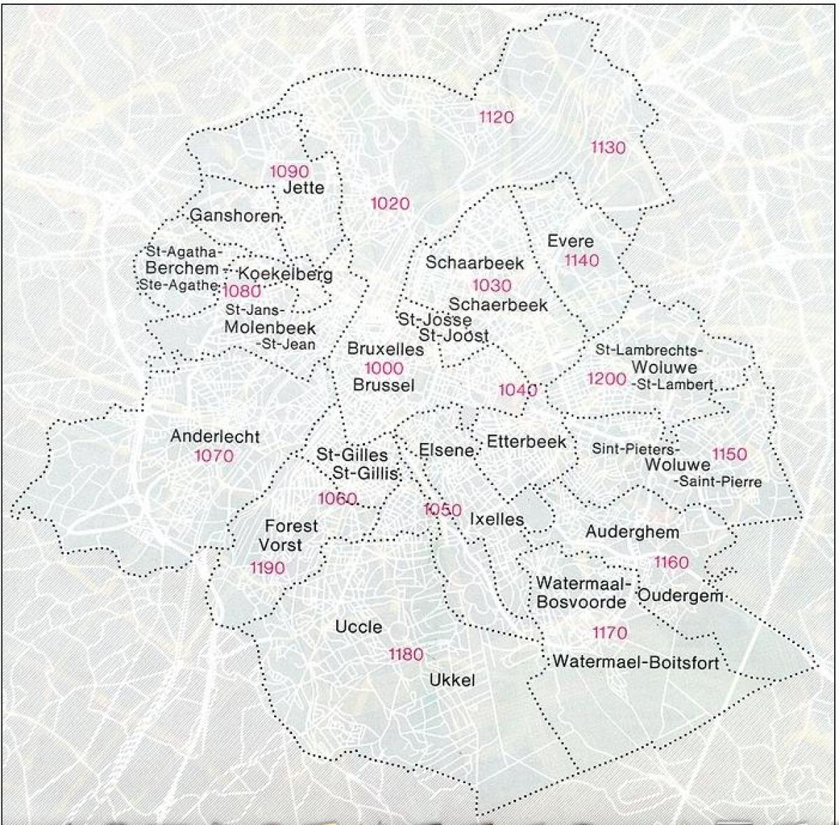 Mapa de códigos postais de Bruxelas