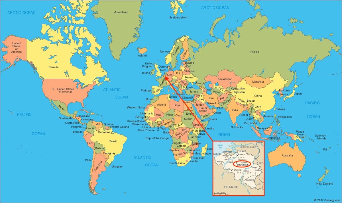 Localização de Bruxelas no mapa do mundo